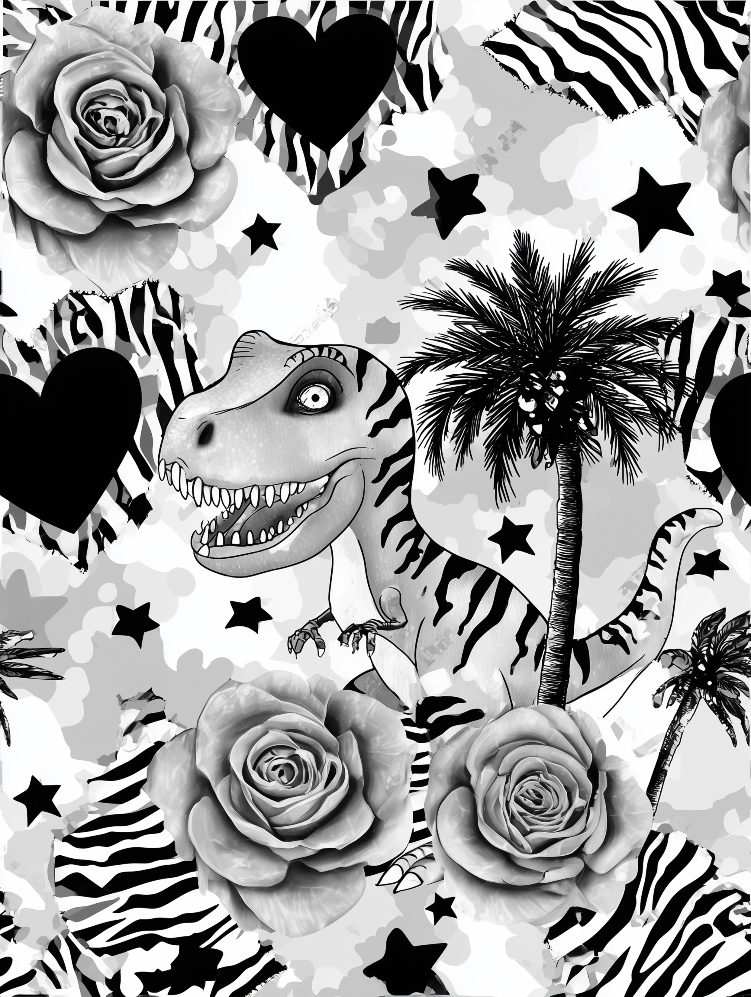 Free printable dinosaur coloring page for adults featuring a dinosaur with stars hearts and floral elements